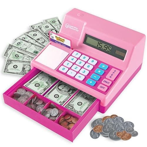 Learning Resources Pretend and Play Calculator Cash Register Pink - Money for Kids, Math Games, Playstore Grocery Store, Fine Motor Skills, Preschool Activities, Toddler Plastic Coins - Image 1