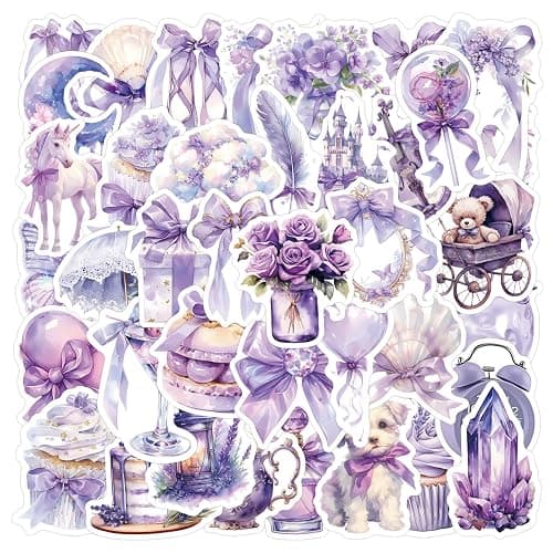 60PCS Purple Aesthetic Stickers, Cute Girly Violet Stickers | Waterproof Decors for Water Bottles,Laptop, Scrapbook, Journaling, Cute Decals for Gilrs Adults Teens - Image 1