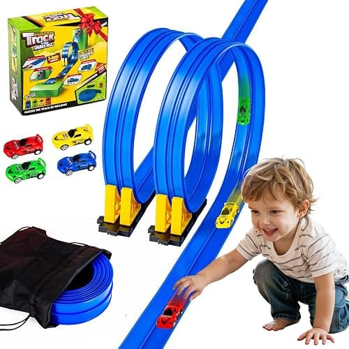 Flex Tracks 16.4 Ft Flexible Race Track for Kids 3+, Portable DIY Roll-Up Race Car Track Compatible with Hot Wheels & Diecast 1/64th Cars Stocking Stuffers for Boys Girls Ages 3 4 5 + - Image 1