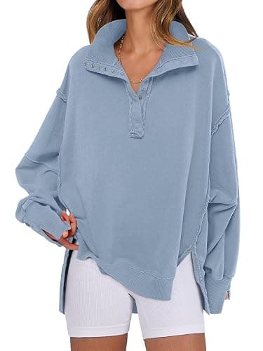 ANRABESS Women's Sweatshirts Oversized Casual Loose Button Up Henley Pullover Top High Low Split 2025 Fall Fashion Outfits - Image 1