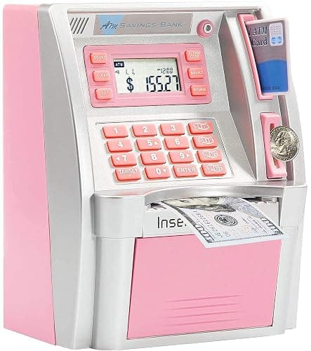 2024 Upgraded ATM Piggy Bank for Real Money for Kids Adults,Toy Money Bank with Card,Password,Coin Recognition,Bill Feeder,Balance Calculator,Electronic Money Safe Coin Box,Hot Gift for Boys Girls - Silver/Pink - Standard Version - Image 1