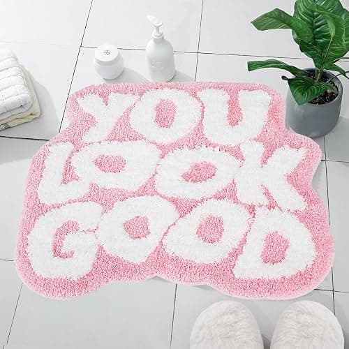 TOIVO You Look Good Bath Mat - Stylish Funny Pink Bathroom Rug with Cute Words, Absorbent & Non-Slip - 25x21 inch (Pink) - Image 1