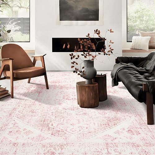 8x10 Washable Pink Area Rug, Upgraded Denser Surface Vintage Rugs, Honeycomb Non-Slip Backing Living Room Rug, Easy Care Foldable Rugs for Living Room Bedroom Kitchen Dinning Room Home Office - Image 1