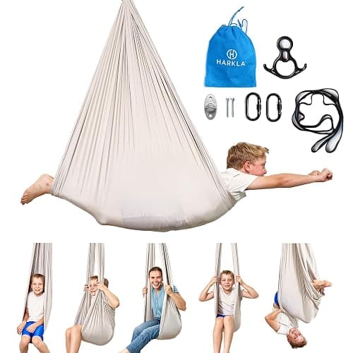 Harkla Sensory Swing for Kids & Adults - Holds 300lbs, Indoor Outdoor Sensory Swing for Hug Like Calming Effect - Double Layered Soft Fabric and Heavy Duty Hardware (Grey, 110" Swing) - Image 1