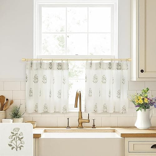 Boho Floral Linen Small Window Curtain for Kitchen Bathroom,Pinch Pleat Cafe Curtain 24x18 Inch Length Light Brown - Image 1