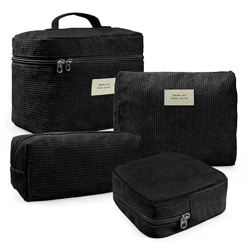 LVWNM 4 Pcs Makeup Bag for Women Corduroy Cosmetic Bag Aesthetic Cute Bags Multi Size Purse Pouch Travel Toiletry Bag Set Makeup Organizer with Zipper(Black) - Image 1