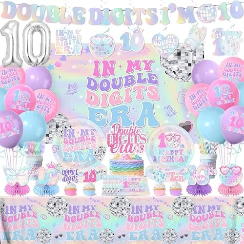 10th Birthday Decorations for Girl,198pcs In My Double Digits Era Party Decor 10 Year Old Birthday Decorations Plates and Napkins Cups Tablecloth Banner Honeycomb for Double Digits Era Party Supplies - Image 1
