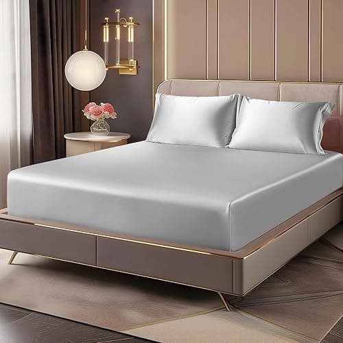 BEDELITE Satin Fitted Sheet & Pillowcases Set, Full Size, Grey, 3 Pieces | Luxury Soft Silk-Like Fitted Sheet Set, 15 Inch Deep Pocket, Elegant Smooth and Reduces Friction, Gentle on Hair and Skin - Image 1