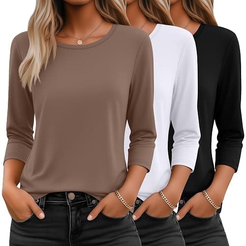 Ficerd 3 Pack 3/4 Sleeve Tops for Women Round Neck Dressy Basics Tees Casual Trendy Loose Fit T Shirts - Image 1
