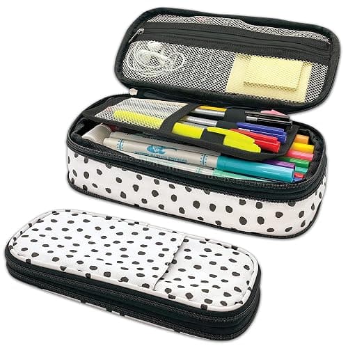 Teacher Created Resources Black Painted Dots on White Pencil Case Multifunctional Large Capacity Bag Pouch Holder Organizer - Image 1