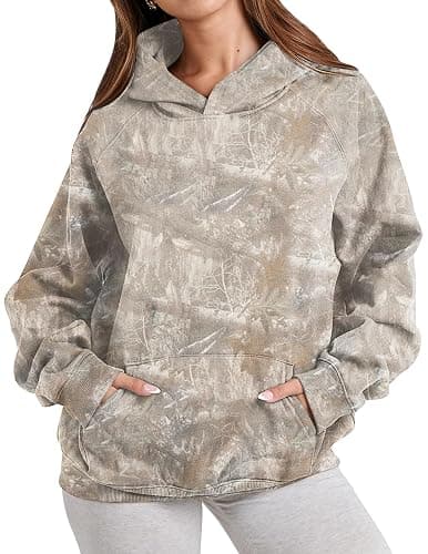 Eutten Womens Camo Hoodies Maple Leaf Print Oversized Hooded Sweatshirt Fleece Pullover Sweatshirts Long Sleeve with Pocket - Image 1