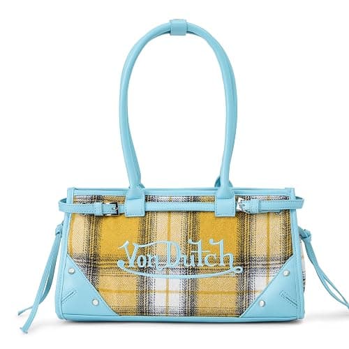 Von Dutch Lane Shoulder Bag | 12.75” Two-Tone Vegan Leather & Denim Handbag with Logo Detail, Long Handles & Branded Lining - Image 1