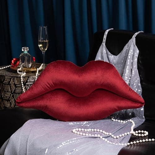 Ashler Upgraded Glossy Velvet Lip Shape Throw Pillow, Delicately Soft, Glossy Shimmering and Brilliant with Velvet Backing for Sofa, Bed and Living Room, Red, 24 X 12 Inches - Image 1