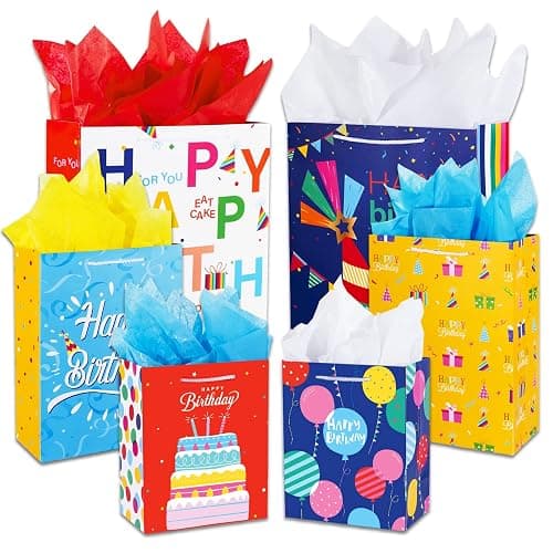 Birthday Gift Bag with Handle and Tissue Paper, 12 Pcs Gift Bags Assorted Sizes and Designs, Large, Medium, Small Size Birthday Gift Bag for Boys, Girls, 13”, 9” ) - Image 1