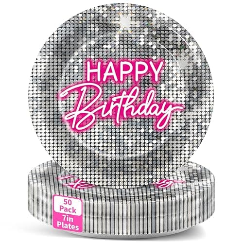 50pcs Silver Sequins Pink Neon Birthday Paper Plates Shimmer Hot Pink Disposable Dessert Plates Disco Silver Glitter Party Decorations 80s Neon Light Tableware Decor for Girls Women Birthday Party - Image 1
