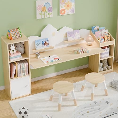 Xilingol Kids Desk with Bookshelves and 2 Stools, Wooden Kids Desk and Chair Set with 5 Storage Cabinets, Children Writing Drawing Table, Student Kid Study Table for Ages 3-8, Boys, Girls, House Shape - Image 1