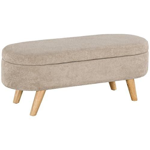 HOMCOM Storage Ottoman, 43.3" Teddy Fleece Upholstered End of Bed Bench with Wood Legs and Padded Seat, Oval Modern Entryway Bench, Beige - Image 1