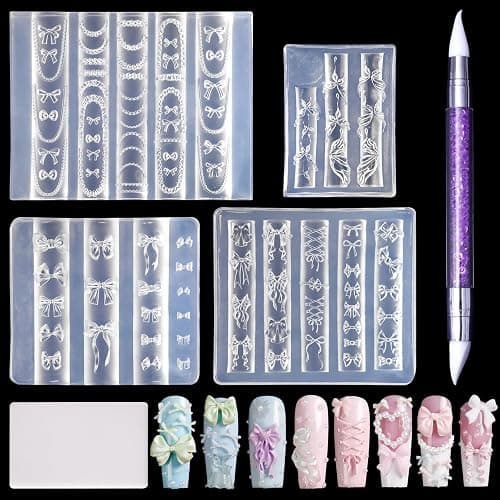 Laza 4pcs Bowknot Silicone Nail Art Molds, 3D Multiple Shapes Ribbon Lace Bows Charms Silicone Nail Accessories with Carving Pen Resin Nail Art Mold Manicure Tools for Women DIY Manicure Design - Image 1