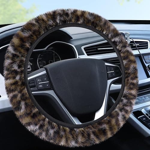 Accmor Fuzzy Steering Wheel Cover, Leopard Fluffy Car Wheel Cover for Women Men, Soft Furry Vehicle Steering Wheel Protector Warm Non-Slip Car Accessories 15 inch Universal Fit Auto, Suvs, Truck - Image 1