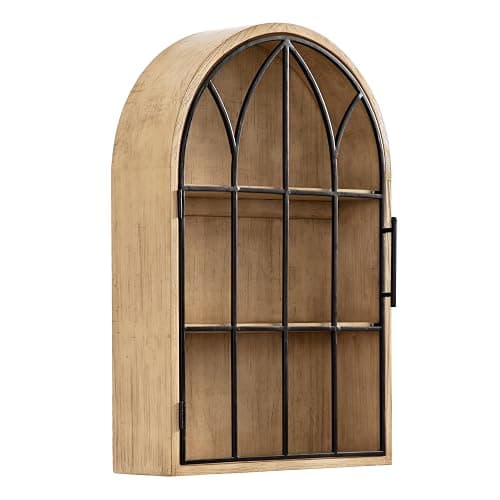 Kate and Laurel Megara Decorative Wooden Hanging Arched Wall Cabinet with Door for Open Storage; 16 x 5 x 24; Natural Wood and Black; Wooden Floating Wall Bathroom Cabinet for Above Toilet Storage - Image 1