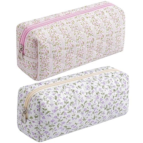 HHQQWZ Cute Floral Cotton Makeup Brush Cosmetic Bag for Women, Travel Quilted Zipper Make Up Bag, Flowers Toiletry Organizer Case Kawaii Makeup Cosmetic Travel Cloth Pouch (Pink+Purple Floral) - Image 1