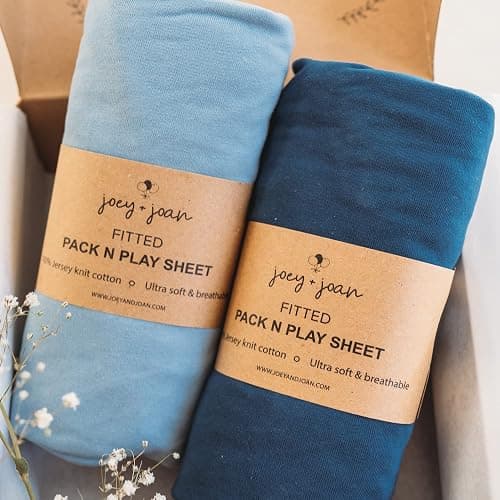Pack and Play Sheets Fitted – Compatible with Graco Pack n Play Playard Crib and Other 27 x 39 Inch Playpen Mattress – Snuggly Soft 100% Jersey Cotton – Dusty Blue + Navy – 2 Pack - Image 1