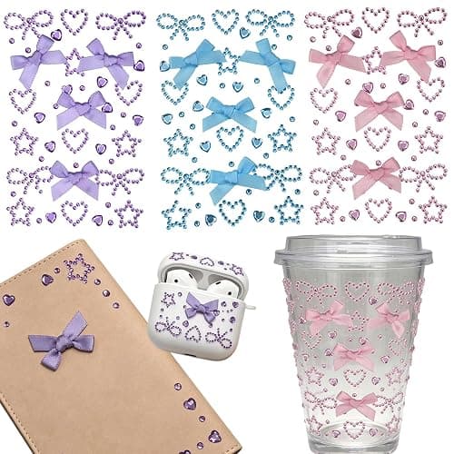 3 Sheets Love Heart Bow Face Gems, Pink Blue Purple Glitter Face Jewels, Self Adhesive Rhinestone Stickers for Women Makeup, Body & DIY Scrapbook Card Decorations - Image 1