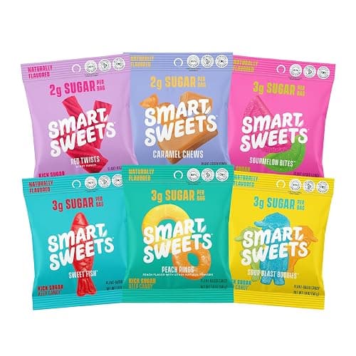 SmartSweets Variety Pack Sampler, Pack of 6 Individual Flavors, Low Sugar & Calorie Candy - Sweet Fish, Sourmelon Bites, Peach Rings, Sour Blast Buddies, Red Twists, & New Soft Caramels - Image 1