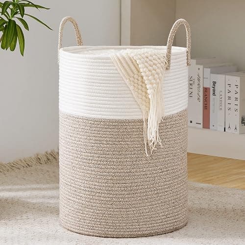 YOUDENOVA Woven Rope Laundry Hamper Basket, 58L Tall Laundry Basket, Baby Nursery Hamper for Blanket Storage in Bedroom-Large-Brown - Image 1