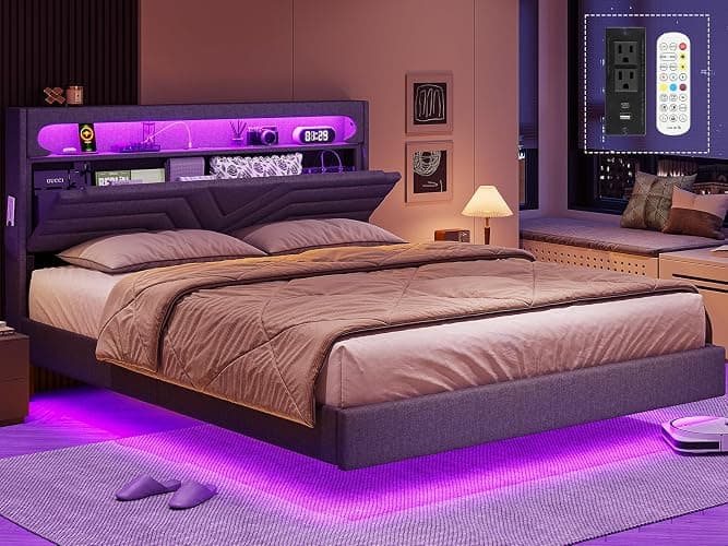 BTHFST Floating Bed Frame Full Size with RGB LED Lights Headboard, USB-C/A Power Outlets, Linen Upholstered Platform Bed with Storage Headboard, Innovative Stable Structure, Dark Gray - Image 1