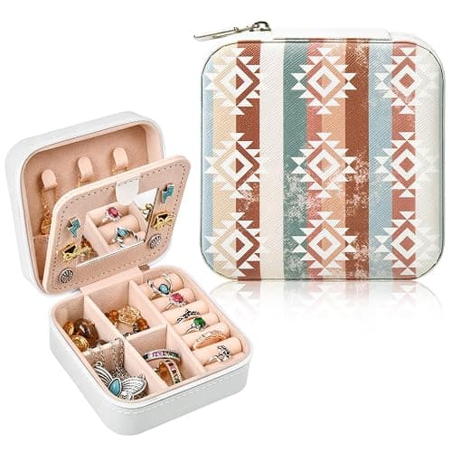 CEELGON Western Jewelry Box Case Boho Print Travel Jewelry Organizer Christmas Gifts for Women Country Girls Cowgirl Stuff Small Portable Travel Accessories for Women -White Boho - Boho - Image 1