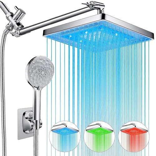 PinWin Shower Head, 8'' Dual Rain Shower Head with 11'' Adjustable Extension Arm, 7-Setting High-Pressure Handheld Combo, Rainfall LED Shower Head Water Temperature Controlled Color Changing,Chrome - Image 1