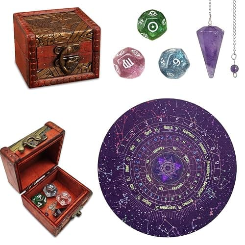 Knana 6Pcs Pendulum Board for Divination - Pendulum Crystal for Dowsing, Tarot Dice Astrology Dice with Box, Wiccan Supplies and Tools, Tarot Divination for Beginners - Image 1
