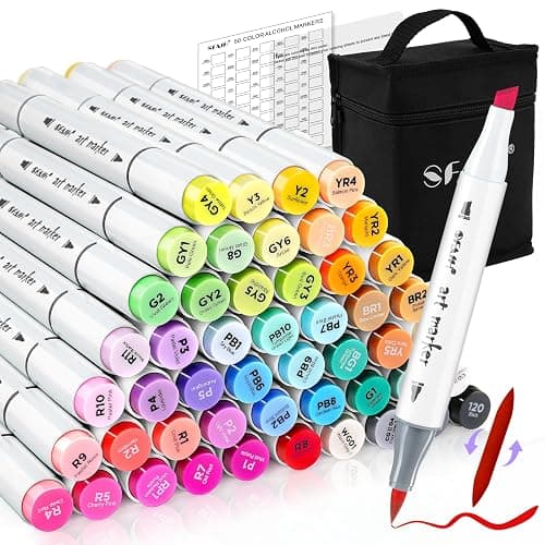 SFAIH Alcohol Markers Brush Tip & Chisel Tip - 49 Colors Double Tipped Art Markers for Adult Coloring Books Illustration, Gifts for Artist Adult - Refillable Alcohol-based Ink - Image 1