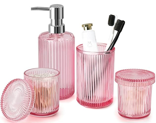 Pink Bathroom Accessories Set, 4 Pcs Glass Bathroom Accessory Set, Pink Soap Dispenser and Toothbrush Holder Set, Qtip Holder Set, Vintage Bathroom Sink Set, Cute Bathroom Decor - Image 1