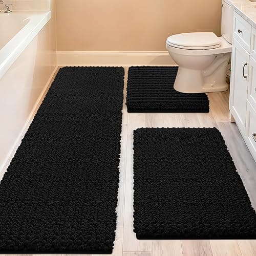 ACCUMTEK Upgrade Extra Large Black Bathroom Rug Set 3 Pieces Ultra Soft, Thick Absorbent Bath Mats, Non Slip Chenille Toilet Mat for Bathroom, Bedroom, Kitchen - Image 1