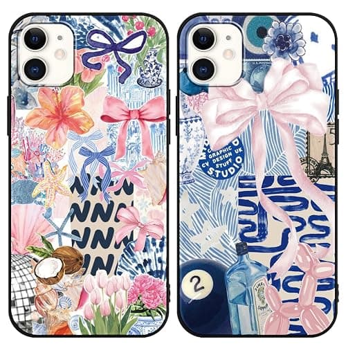 Phoona 2 Pack Cute Bow Case for iPhone 11 6.1", European Collage Preppy Summer Girly Design Pattern for Girls Women, Slim Soft Silicone Shockproof Bumper Protector Cover, Blue 01 - Image 1