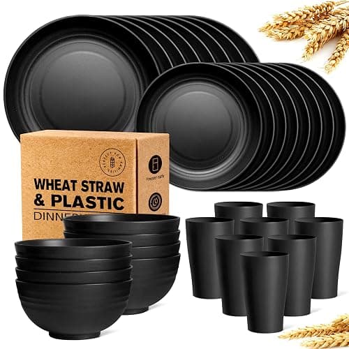 Teivio 32-Piece Kitchen Plastic Wheat Straw Dinnerware Set, Service for 8, Dinner Plates, Dessert Plate, Cereal Bowls, Cups, Unbreakable Colorful Plastic Outdoor Camping Dishes, Black Matte - Matte Black - Image 1