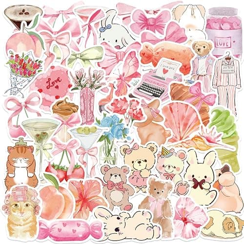 50pcs Coquette Pink Bows Vintage Aesthetic Stickers - Pink Bear, Graffiti, Water Bottles, Laptop, Phone, Guitar - Image 1