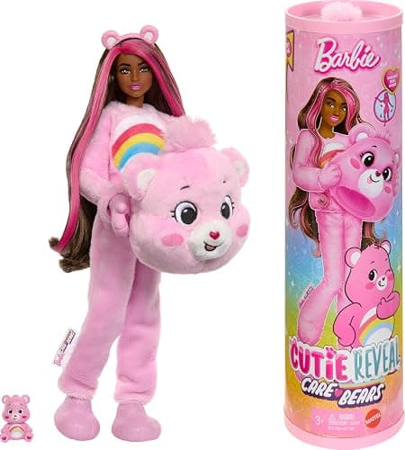 Barbie Cutie Reveal Doll & Accessories, Care Bears Series, Fashion Doll with Cheer Bear Costume & 10 Surprises Including Color Change & Mini Bear - Image 1