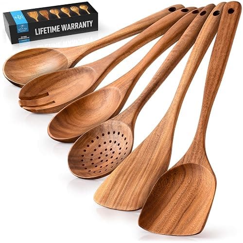 Zulay Kitchen 6-Piece Wooden Cooking Spoons Set – Heat-Resistant, Smooth Teak Utensils with Comfort Grip – Lightweight & Durable – Easy to Clean, Perfect for Non-Stick Cookware - Image 1