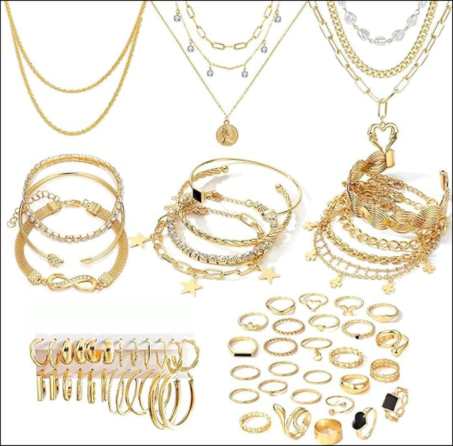 38-59 pieces (8-9 set) gold plated jewelry set for women with 8 necklaces, 12 bracelets, 27 rings, 12 pairs of dangle earrings, simple and sparkling Happy-Gold jewelry for women - Image 1
