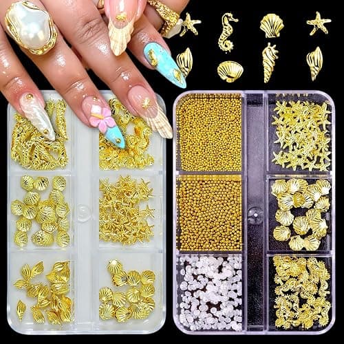 SHUXILIN 2Boxes Summer Steel Studs Metal Pearls Nail Gems Charms Metal Small Seashell Starfish Alloy Seahorse Nail Rhinestones Charms for Acrylic Nail Art Marine Theme Nail Supplies for Women Manicure - Image 1
