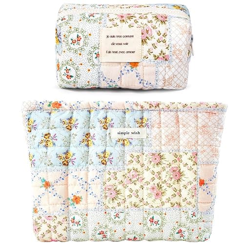Sminra 2 Pieces Floral Makeup Bag, Cute Travel Quilted Pouch Cosmetic Bag Organizer, Small Cotton Coquette Aesthetic Purse Toiletry Bag for Women Girls accessories (Blue Flower-2PCS) - Blue Flower-2PCS - Image 1