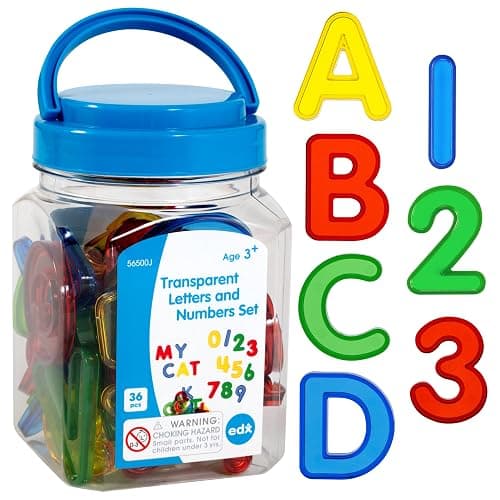 edxeducation Transparent Letters and Numbers | Mini Jar | Colorful, Plastic Letters and Numbers | Light Box Accessory | Practice Counting and Spelling - Image 1