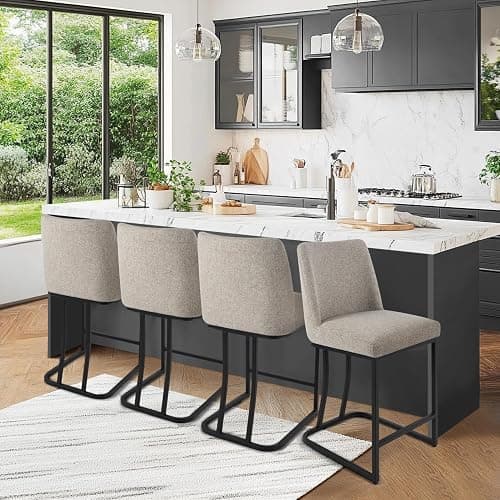 KRAMZMING Counter Height Bar Stools Set of 4, 24 Inch Seat Height Bar Chairs for Kitchen Island, Linen Fabric Upholstered Barstools with Metal Feet for Dining Room, Sand Color - Image 1