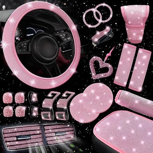 NBTEPEM 30 Pcs Pink Bling Car Accessories Set for Women, Pink Steering Wheel Cover Set, Bling Console Cover, Seat Belt Cushion, Shift Knob Cushion, Cup Coaster, Rhinestone Car Hanging Accessories - Image 1