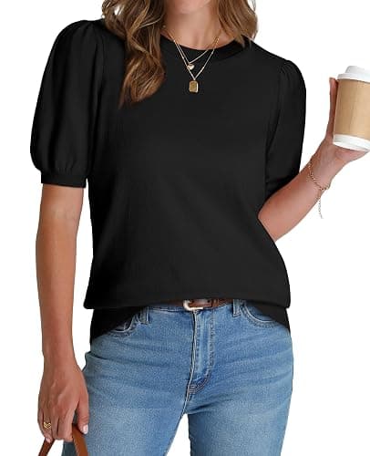 WIHOLL Women's Puff Short Sleeve Sweater 2025 Spring Summer Tops Trendy Business Casual Outfits Work Blouses Clothes - Image 1