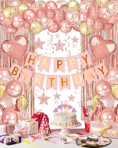 Lutoys Rose Gold Happy Birthday Party Decorations, Happy Birthday Banner, Rose Gold Foil Heart Star Confetti Balloons Curtain Backdrop Hanging Swirls Party Decor for Girls Women Princess - Image 1