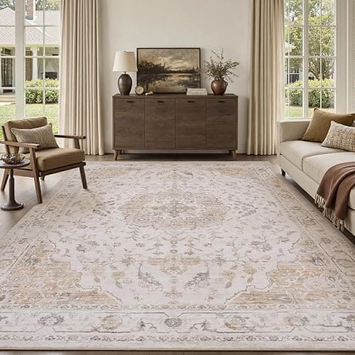 Resare 5x7 Area Rug, Washable Rugs for Living Room, Beige Rug for Bedroom Non Slip Vintage Floral Carpet for Dining Room Playroom Office - Image 1